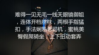 难得一见无毛一线天眼镜御姐，连体开档丝袜，两根手指猛扣，手法娴熟老司机，蜜桃美臀假屌骑坐，上下扭动套弄